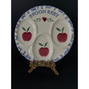 Vintage  Ceramic Triple Spoon Rest Red Apple Heart Farmhouse Kitchen Decor